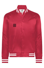 Load image into Gallery viewer, VERSI8NEIGHT Scan/Sicario Logo Red Satin Baseball Varsity Jacket