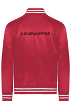 Load image into Gallery viewer, VERSI8NEIGHT Scan/Sicario Logo Red Satin Baseball Varsity Jacket