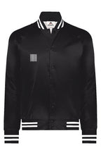 Load image into Gallery viewer, VERSI8NEIGHT Scan/Royal Logo Black Satin Baseball Varsity Jacket