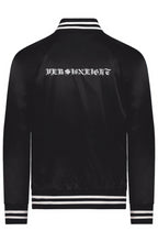 Load image into Gallery viewer, VERSI8NEIGHT Scan/Royal Logo Black Satin Baseball Varsity Jacket